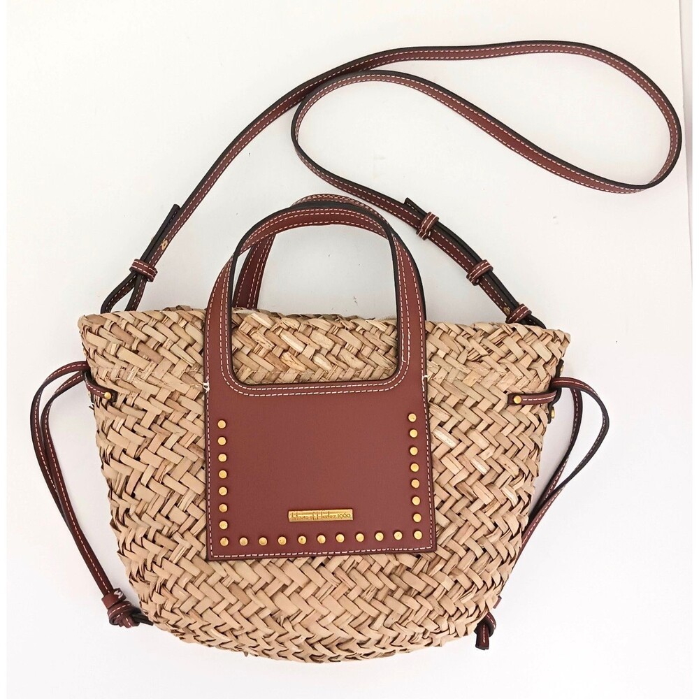 NEW House of Harlow 1960 Straw Small Tote Crossbody Strap Stud Faux Leather Trim